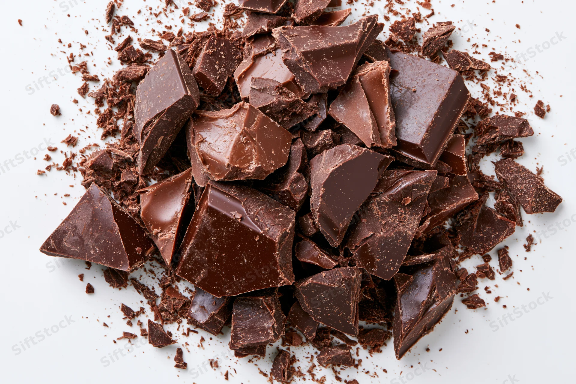 Broken dark chocolate pieces and crumbs scattered on white background
