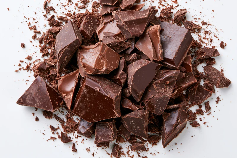 Broken dark chocolate pieces and crumbs scattered on white background