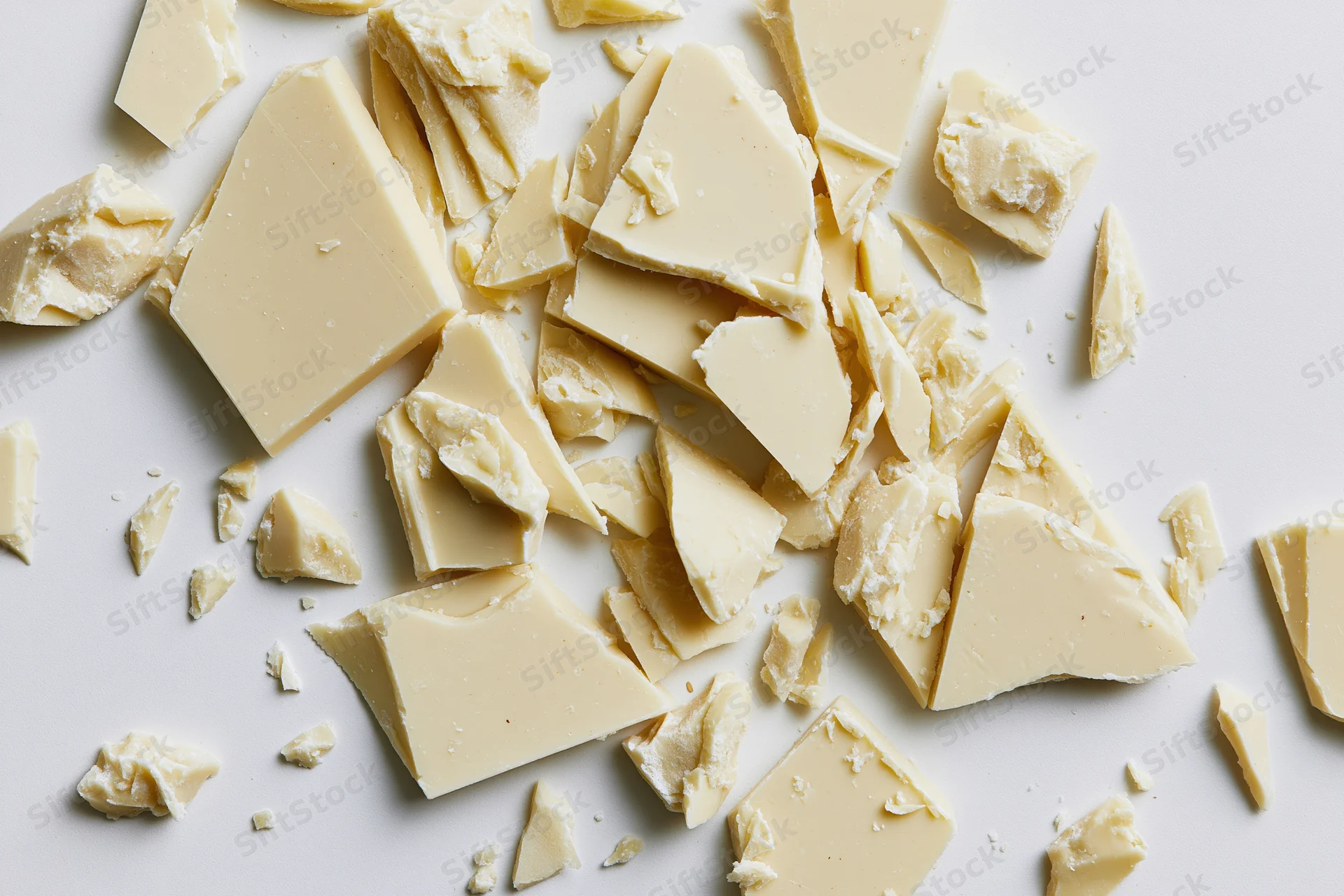 Broken white chocolate pieces scattered on a white surface in a flat lay view