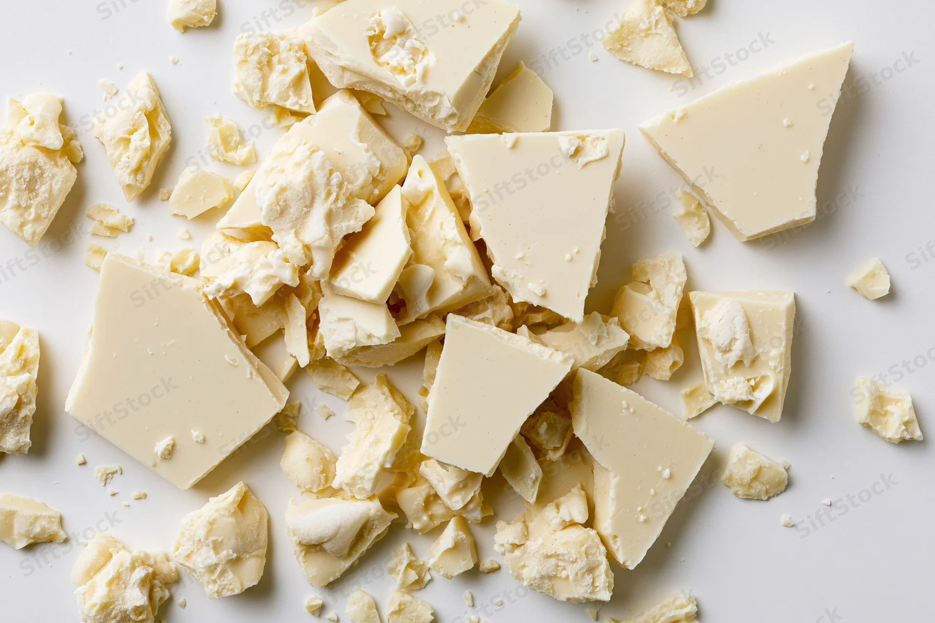 Broken white chocolate pieces scattered on a white surface in overhead view