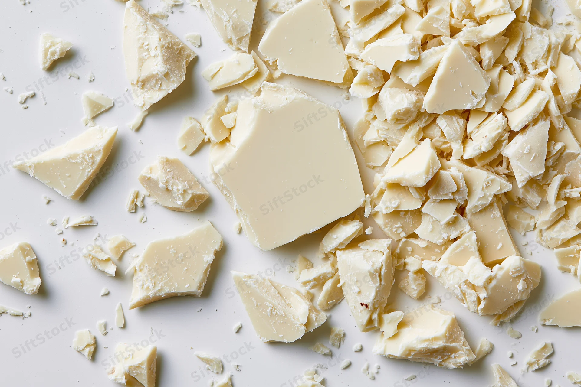 Broken white chocolate pieces scattered on a white surface