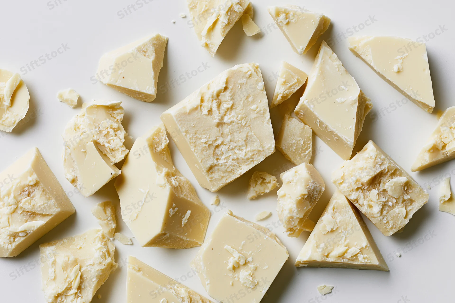 Broken white chocolate pieces scattered on a white surface in a flat lay view