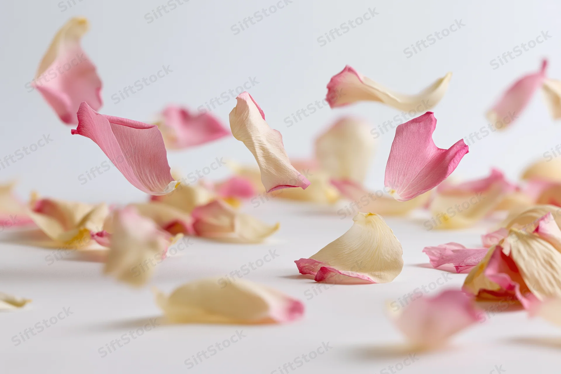 Pink and cream rose petals floating midair against a white background