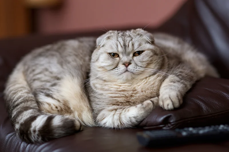 Scottishfold cat resting on dark leather couch with paws extended and tail curled beside remote control