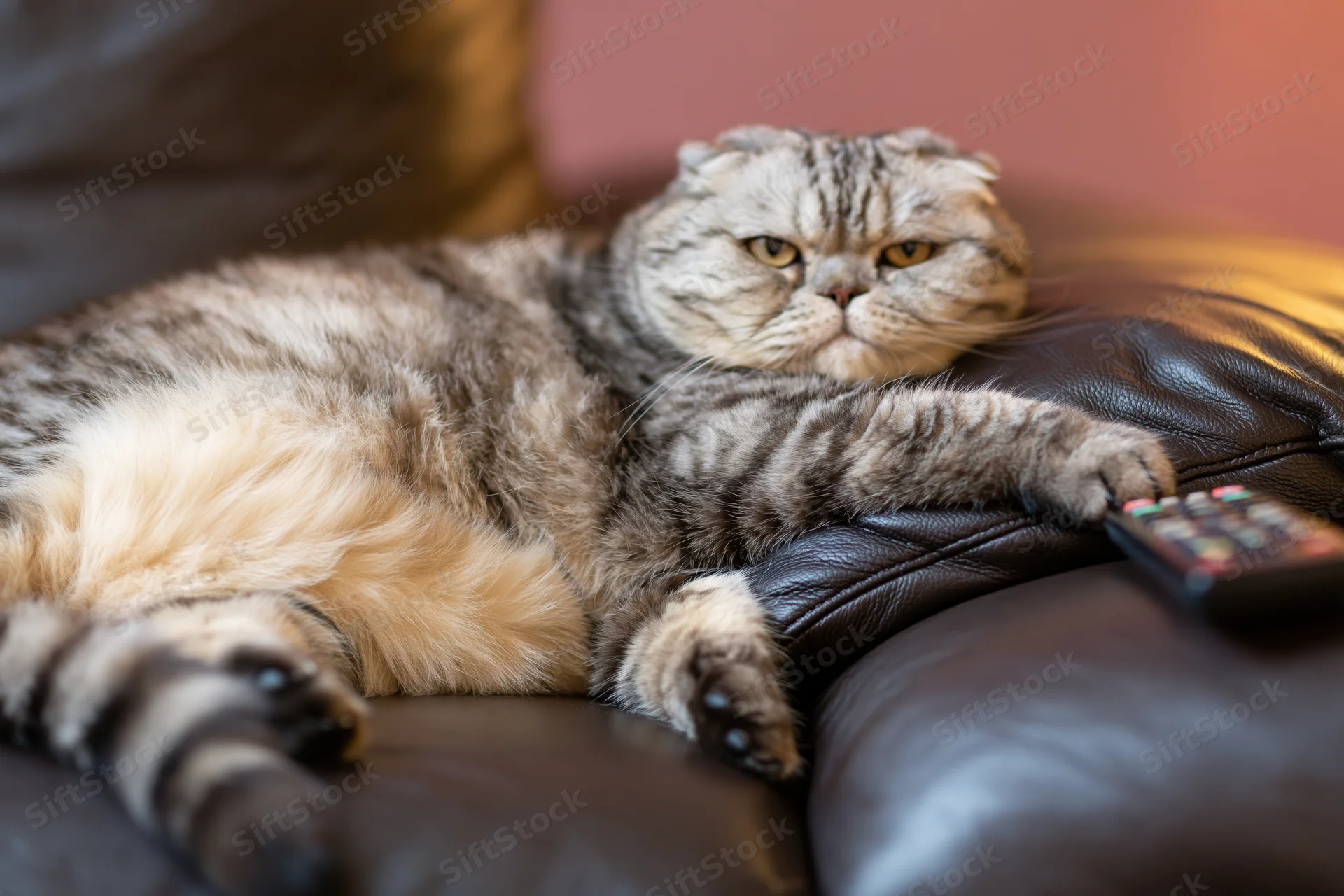 Scottishfold cat sprawled on dark leather couch with remote control in paw