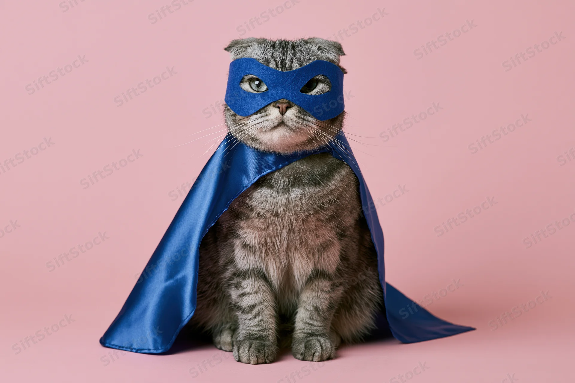 Scottish fold tabby cat in blue superhero costume with cape and mask sitting upright against pink background