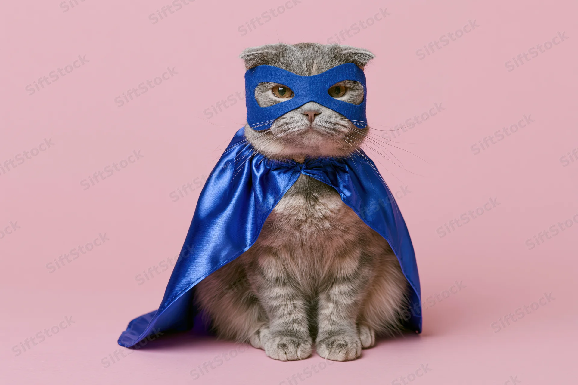 Scottish Fold tabby cat in blue superhero costume with cape and mask sitting upright against pink background
