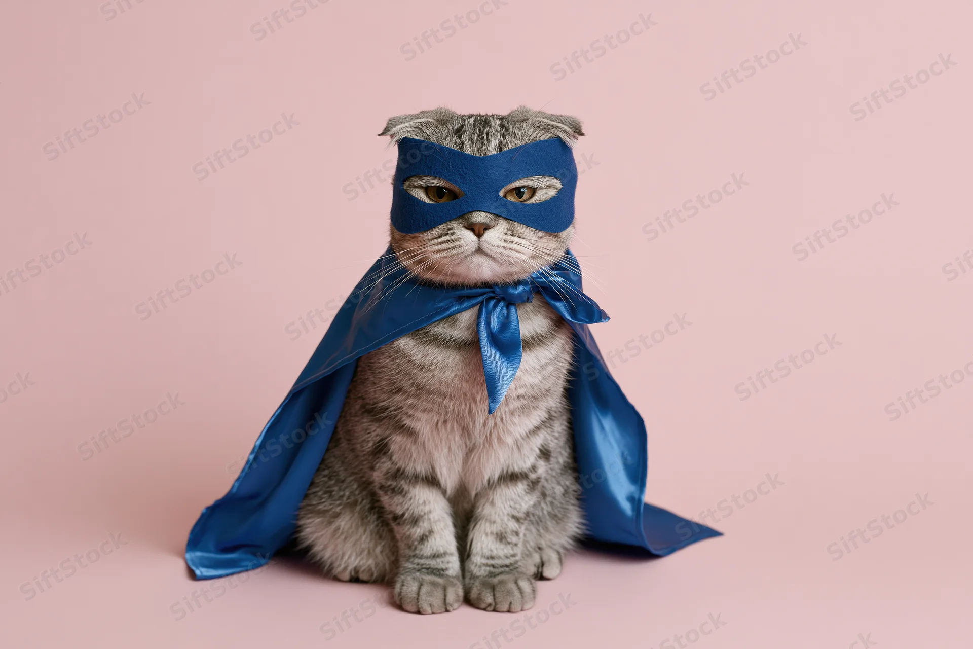 Scottish fold tabby cat in blue superhero costume with cape and mask sitting upright against pink background