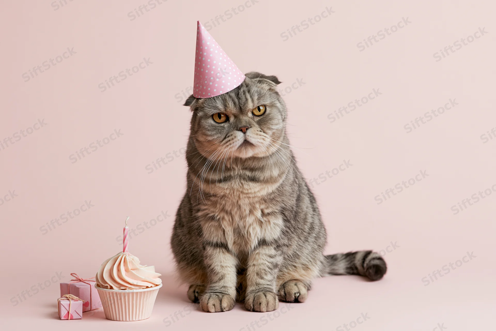 Scottishfold tabby cat wearing pink party hat sitting beside cupcake and gift on pastel pink background