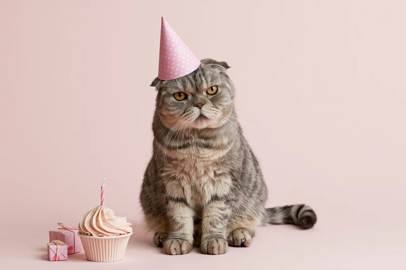 Scottishfold tabby cat wearing pink party hat sitting beside cupcake and gift on pastel pink background