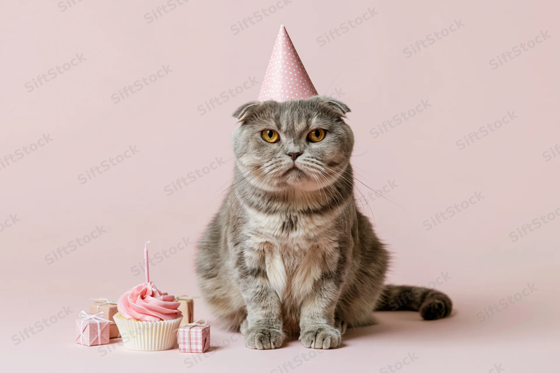 Scottishfold cat wearing pink party hat sitting beside cupcake and gifts on pink background