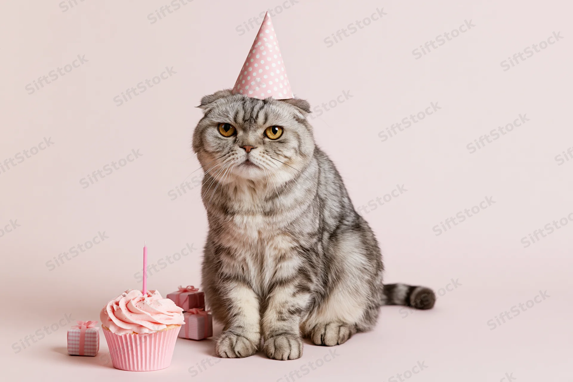Scottishfold tabby cat sitting upright wearing a pink party hat beside a cupcake and gifts on a soft pink background
