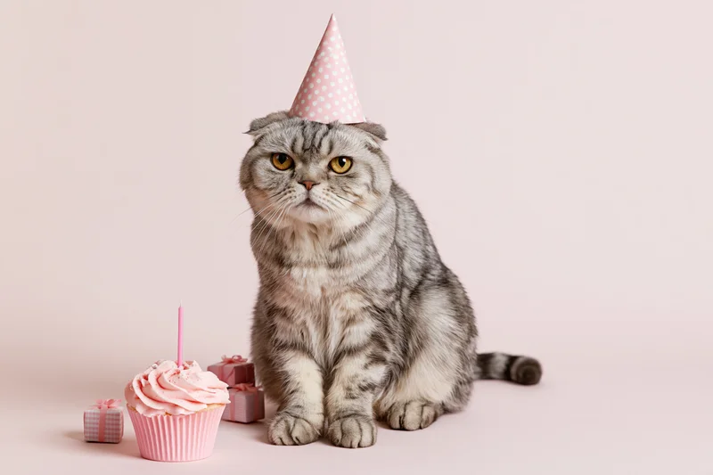 Scottishfold tabby cat sitting upright wearing a pink party hat beside a cupcake and gifts on a soft pink background