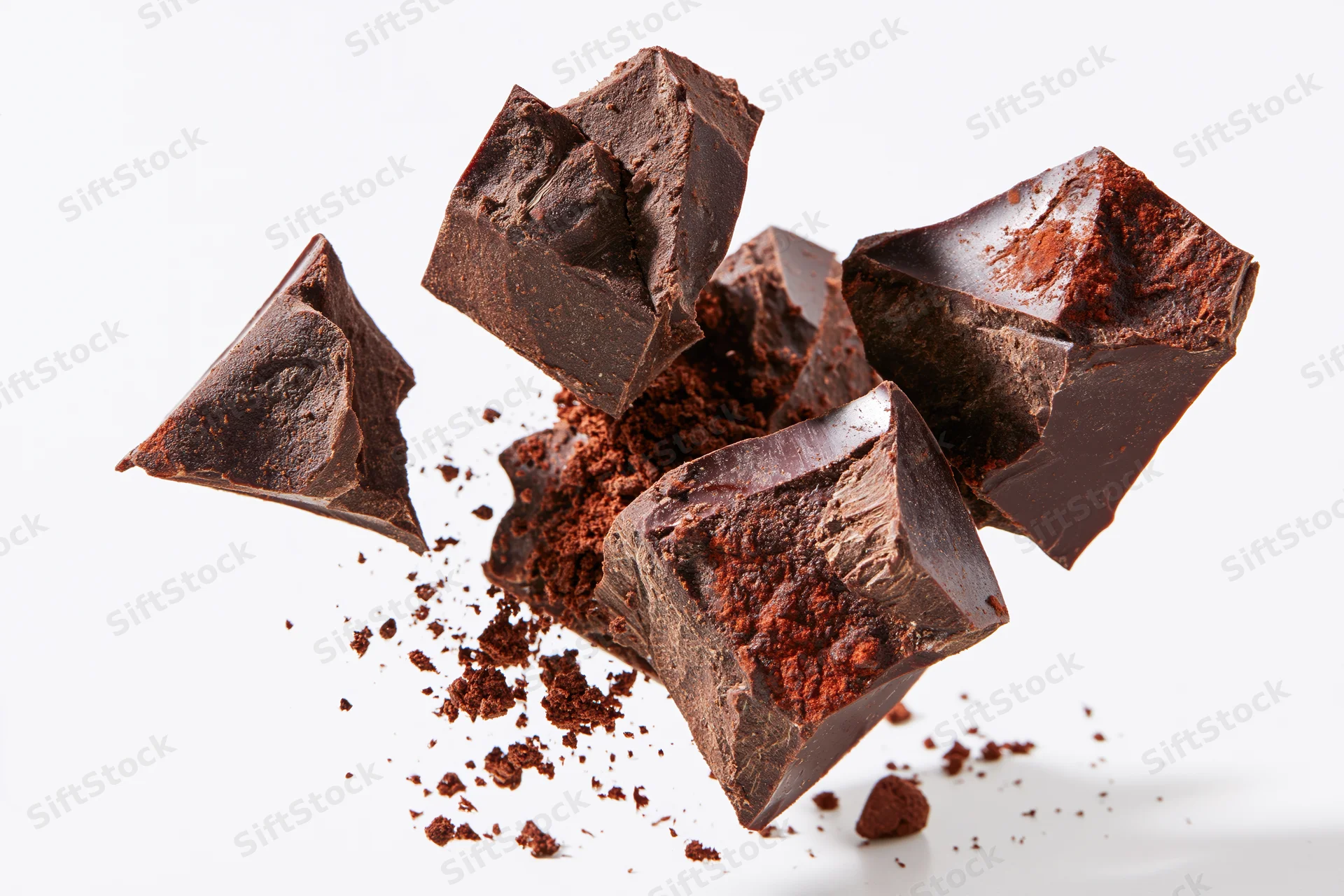 Dark chocolate chunks breaking apart midair against white background