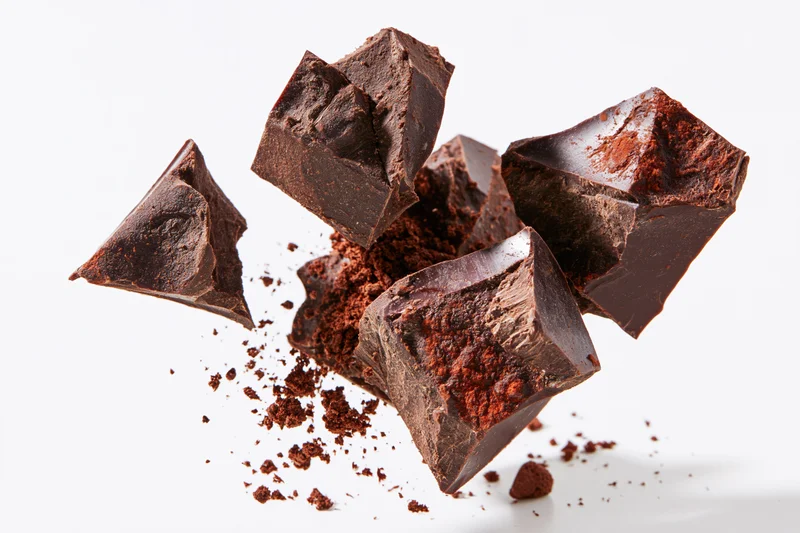 Dark chocolate chunks breaking apart midair against white background