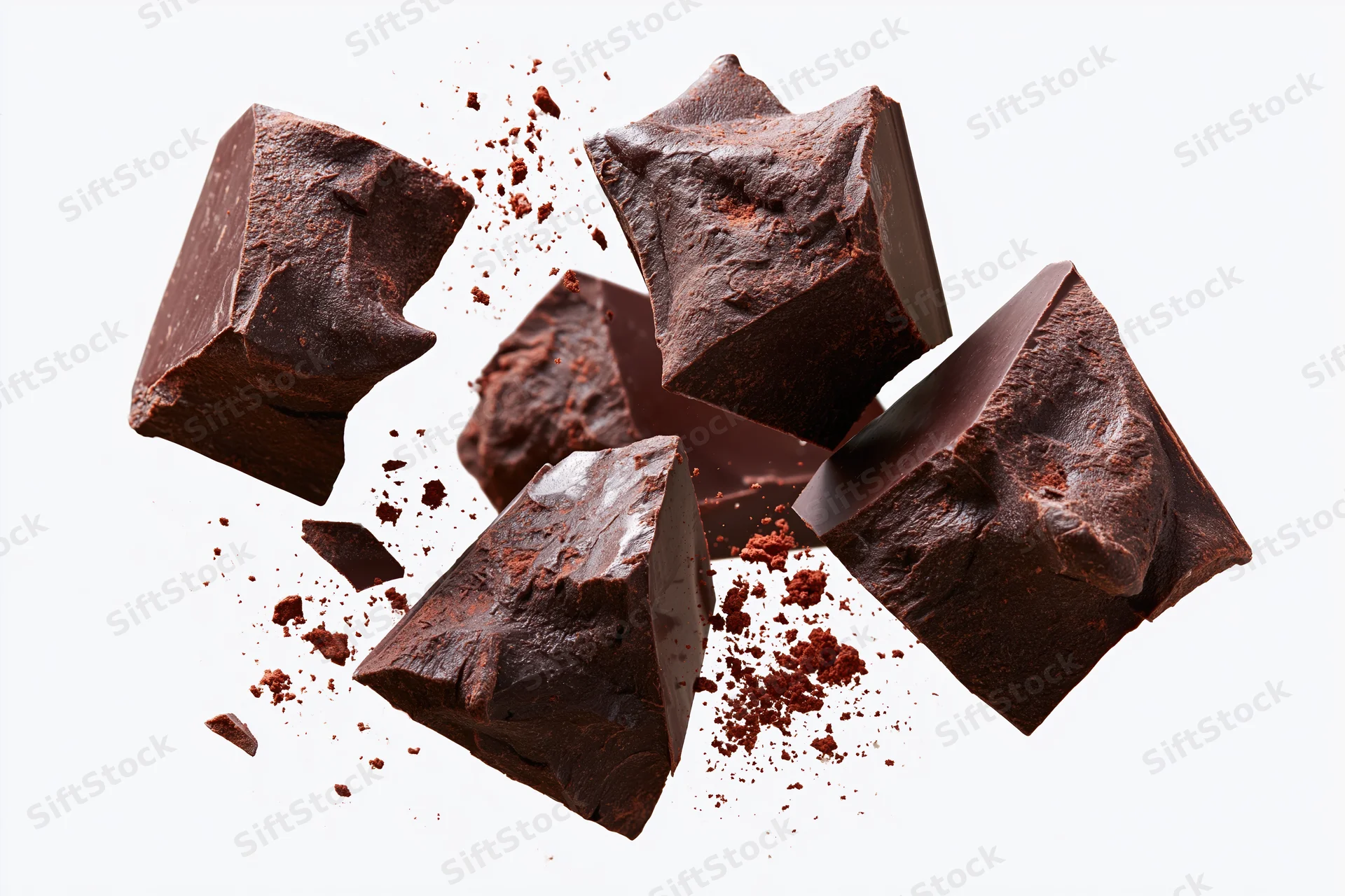 Dark chocolate chunks broken and suspended midair against white background