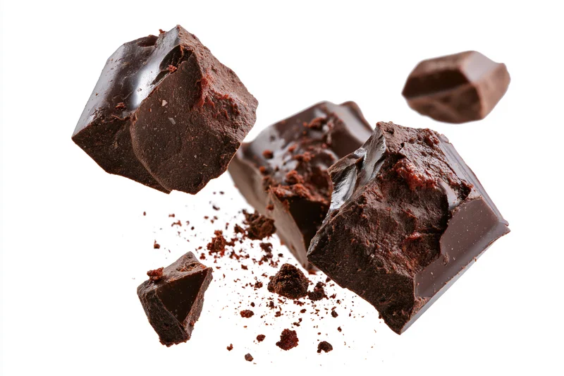 Dark chocolate chunks broken and scattered midair against white background