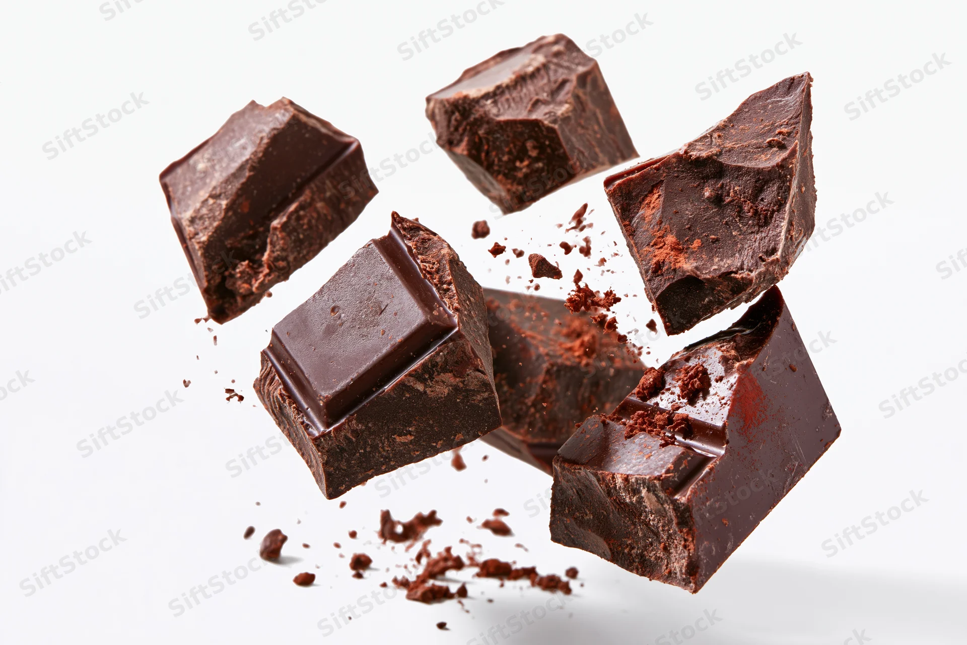Dark chocolate chunks suspended midair against white background