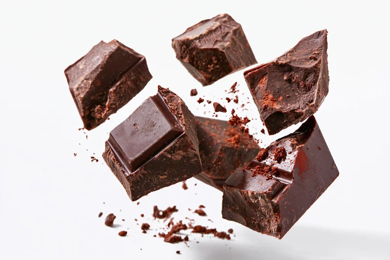 Dark chocolate chunks suspended midair against white background