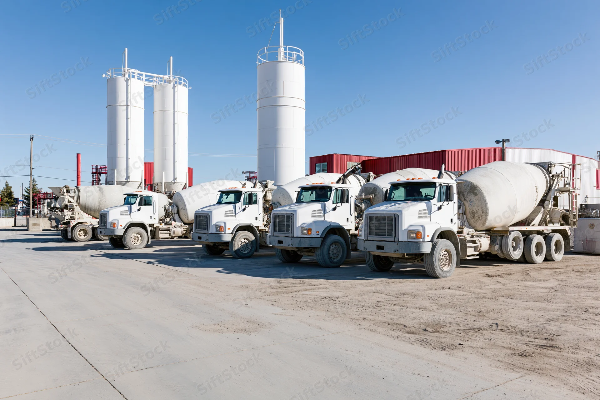 White concrete mixer trucks parked and loading at an industrial batching plant