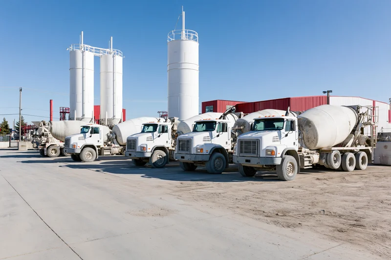 White concrete mixer trucks parked and loading at an industrial batching plant