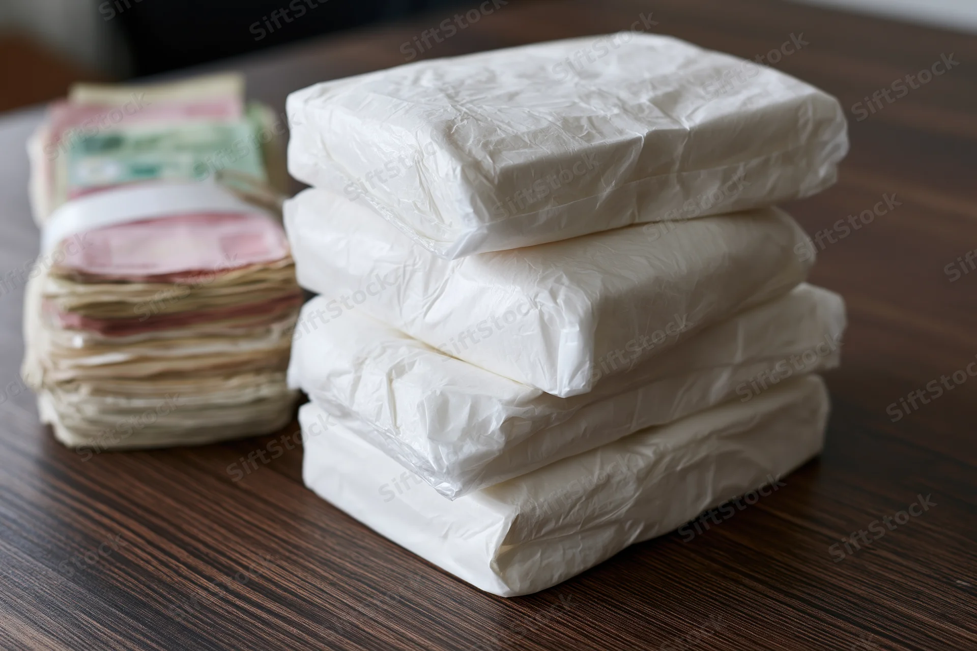 Stack of white plastic-wrapped packages beside a bundle of cash on a wooden table