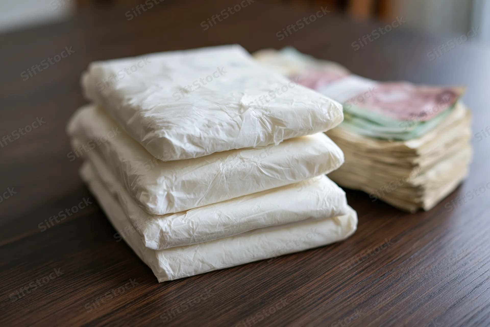 Stacks of wrapped cash bundles on a dark wooden table