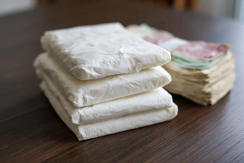 Stacks of wrapped cash bundles on a dark wooden table