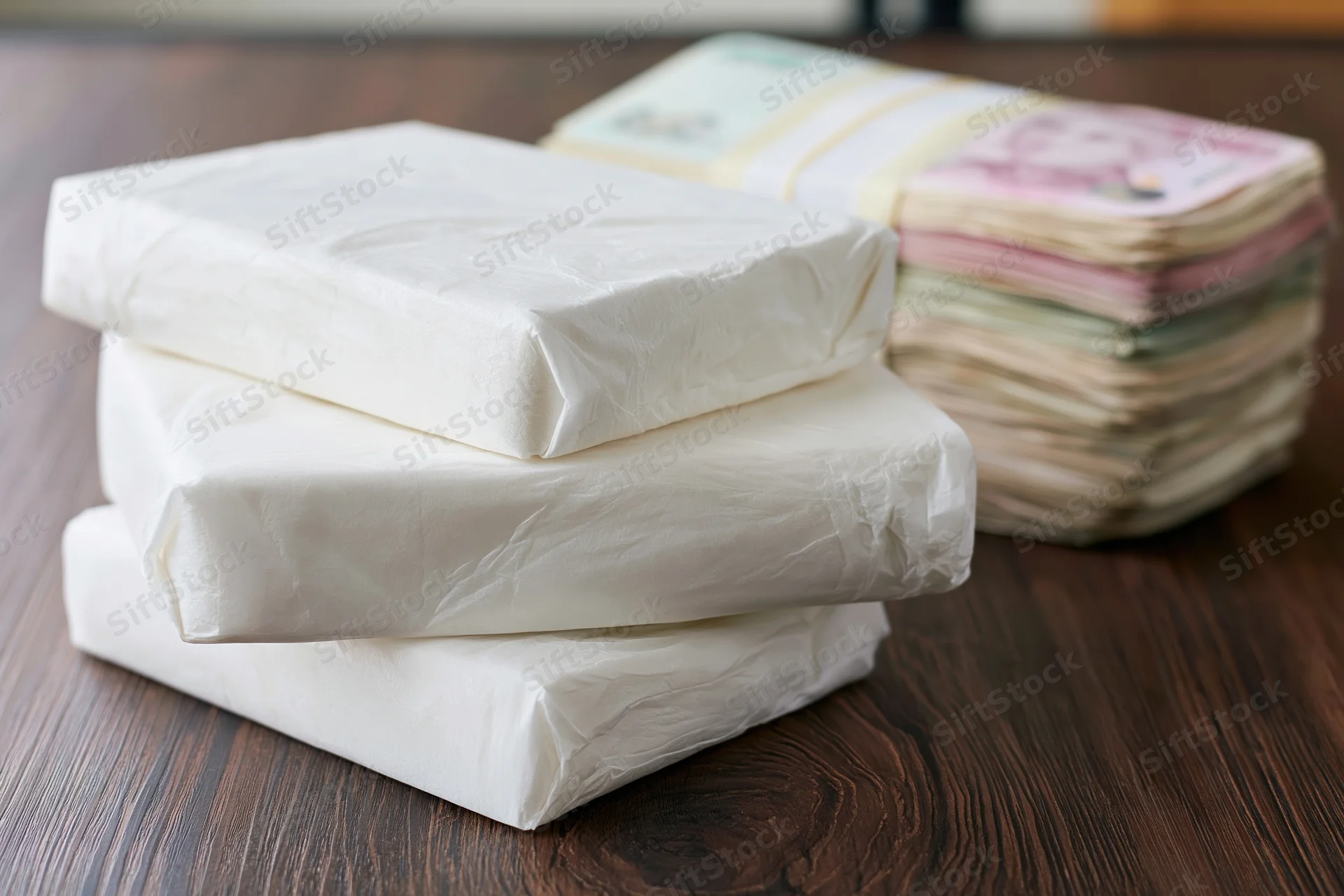 Stacked white plastic-wrapped packages beside a bundle of banknotes on a dark wooden table
