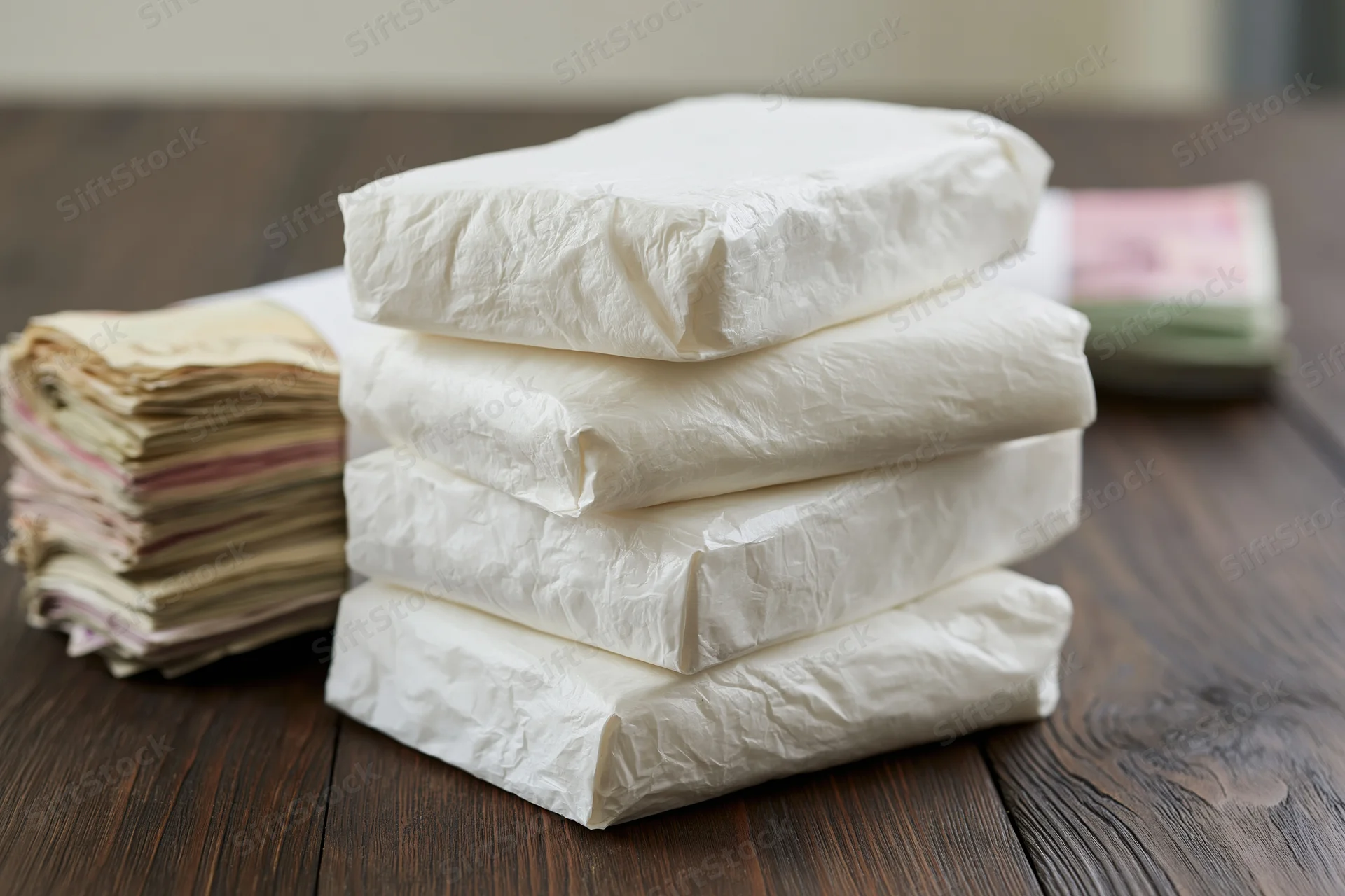 Stack of white plastic-wrapped rectangular packages on wooden table with folded envelopes nearby