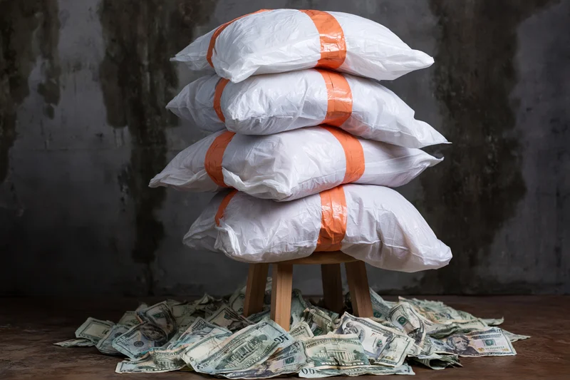 Stack of white plastic bags sealed with orange tape on wooden stool surrounded by scattered hundred-dollar bills on concrete floor