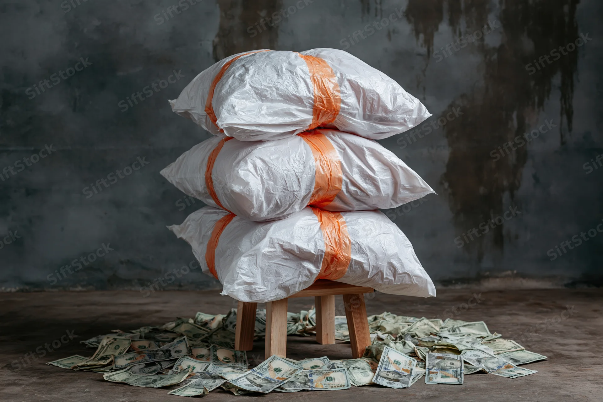 Stacks of money wrapped in plastic bags on a wooden stool with bills scattered on the floor against a grungy concrete wall