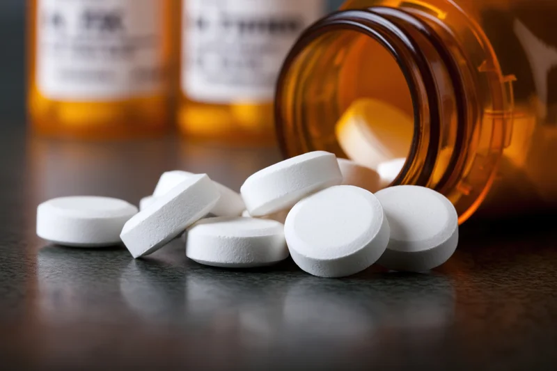 White round prescription pills spilled from an amber glass bottle onto a dark surface