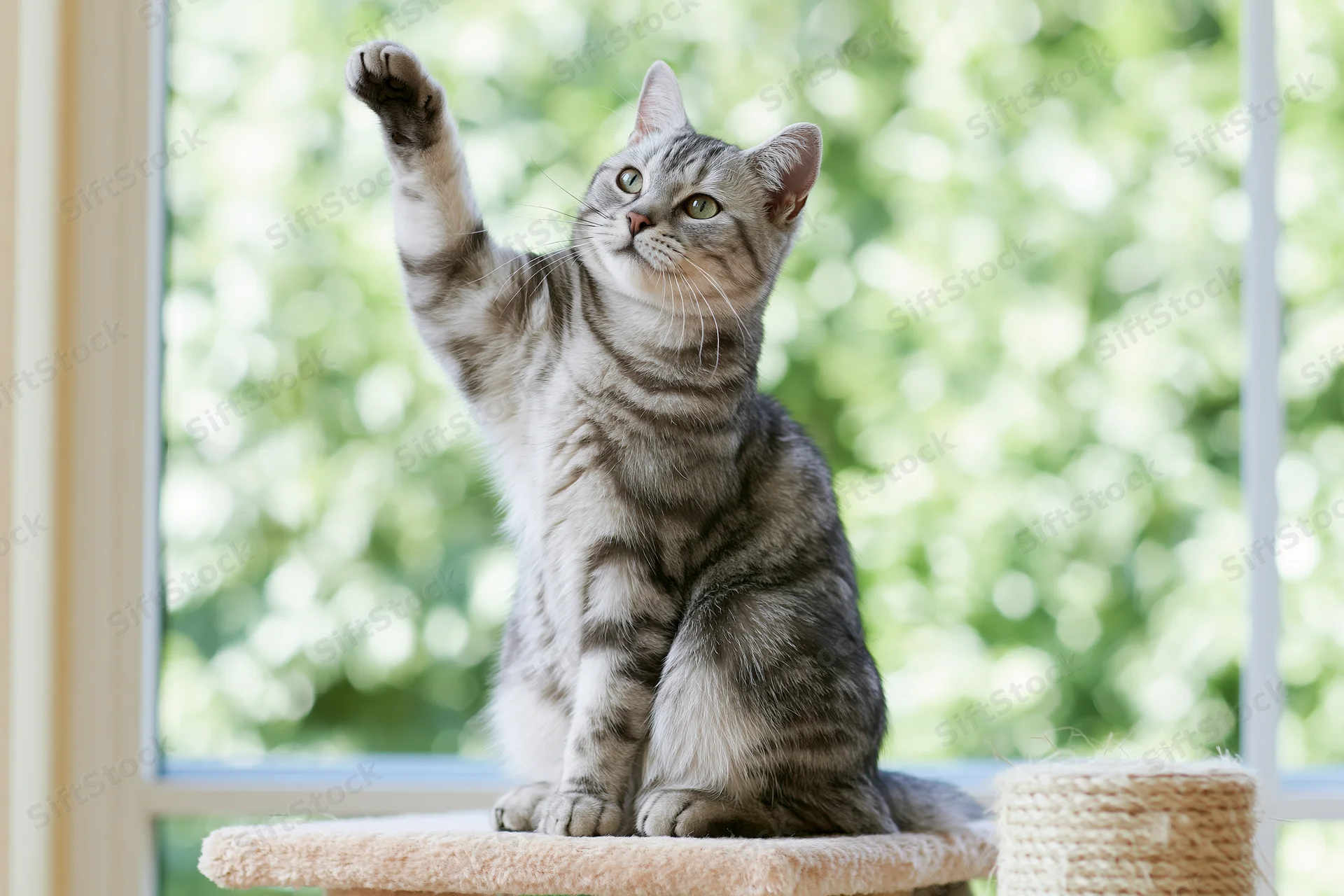 Silver tabby cat sitting upright on a cat perch by a window with one paw raised