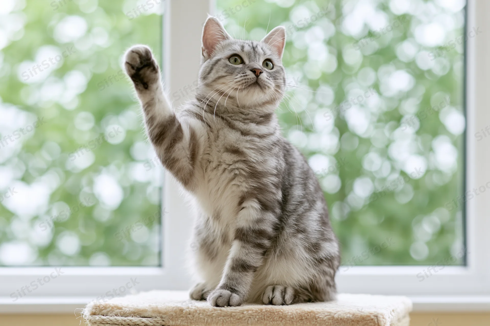 Silver tabby cat sitting upright on scratching post with paw raised near window