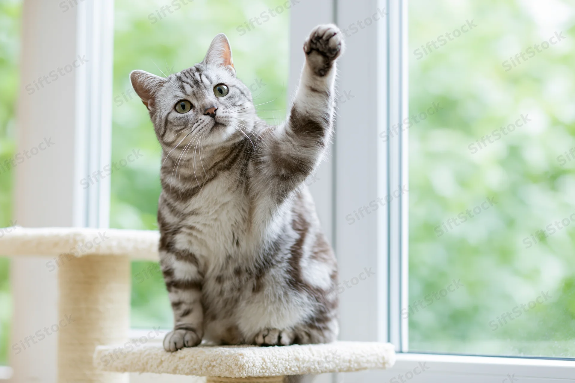 Silver tabby cat sitting upright on a cat tree perch by a window with one paw raised