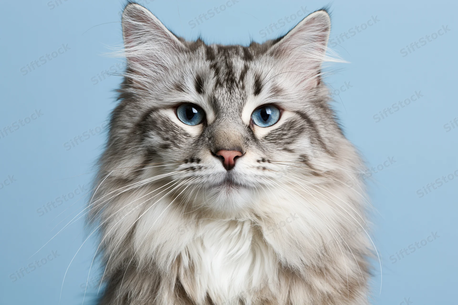 Silver tabby longhaired cat facing front with direct gaze in studio portrait