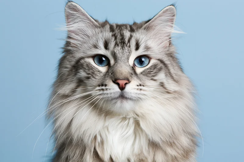 Silver tabby longhaired cat facing front with direct gaze in studio portrait