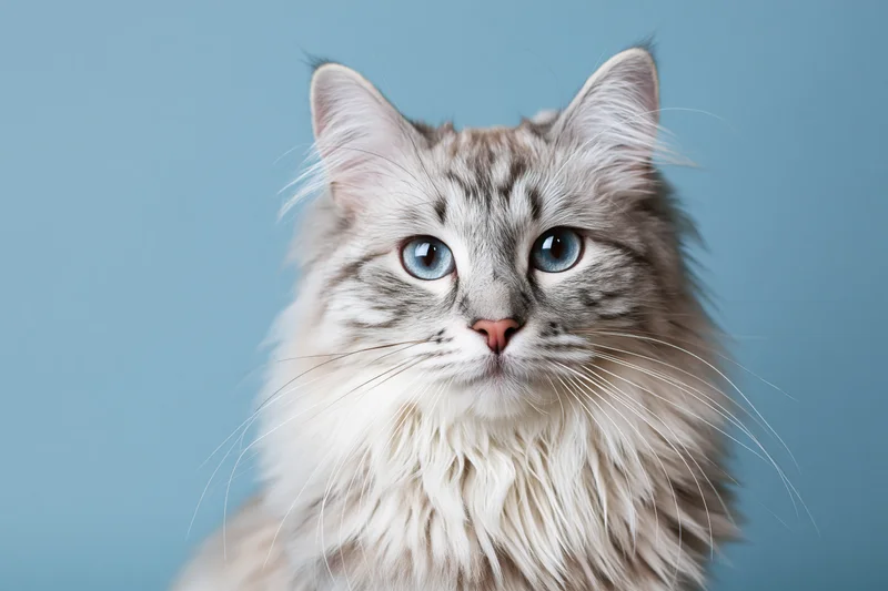 Silver tabby longhaired cat looking directly at camera in studio portrait