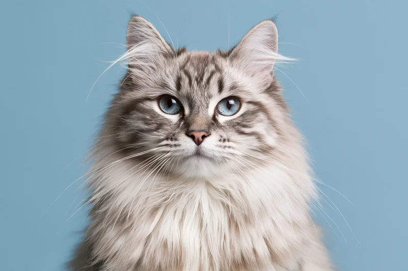 Silver tabby longhaired cat looking directly at camera in studio portrait