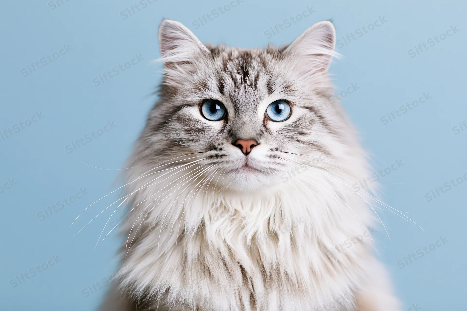 Silver tabby longhaired cat with blue eyes looking directly at camera in studio portrait
