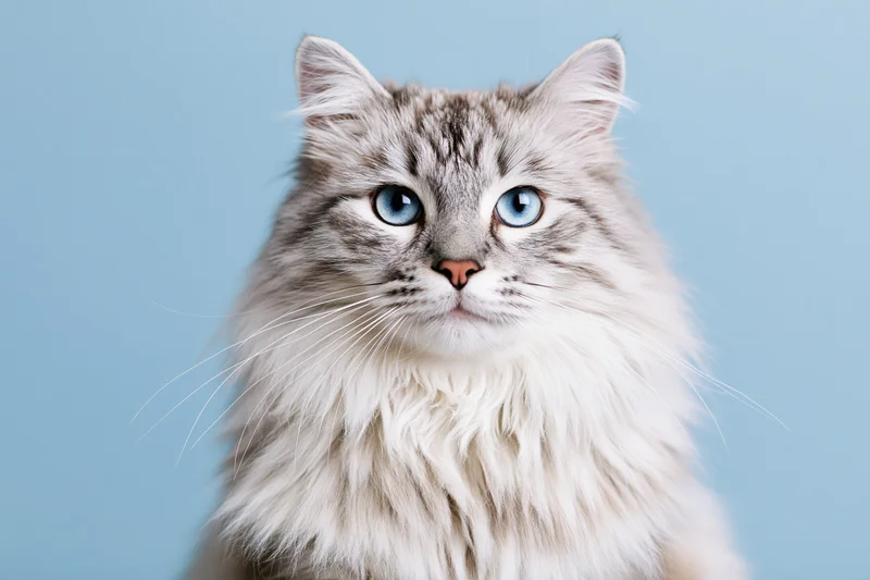 Silver tabby longhaired cat with blue eyes looking directly at camera in studio portrait