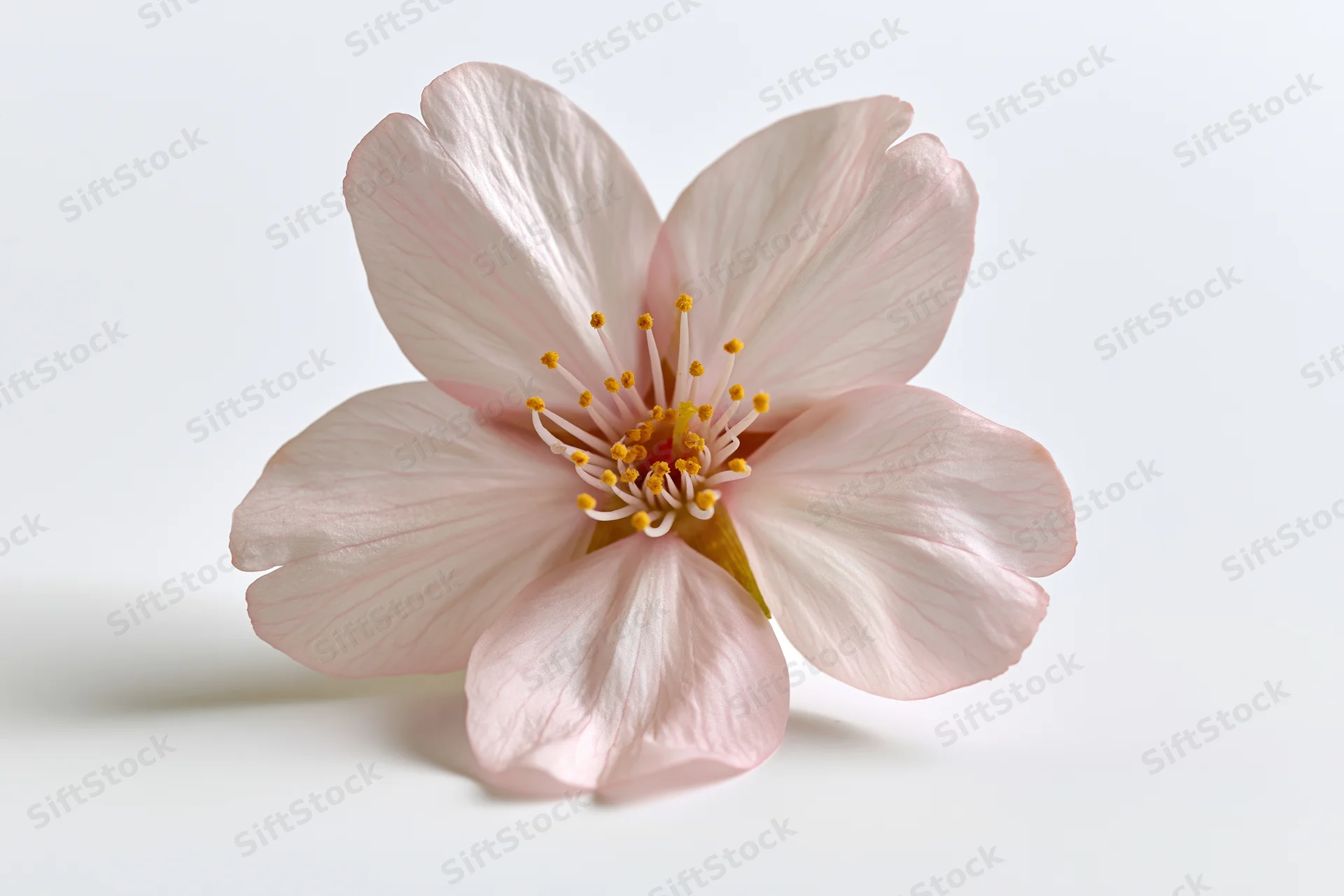 Single cherry blossom flower in closeup against white background