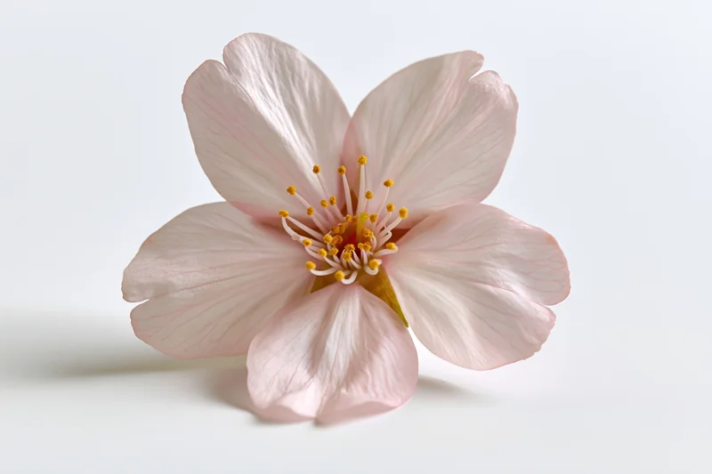 Single cherry blossom flower in closeup against white background
