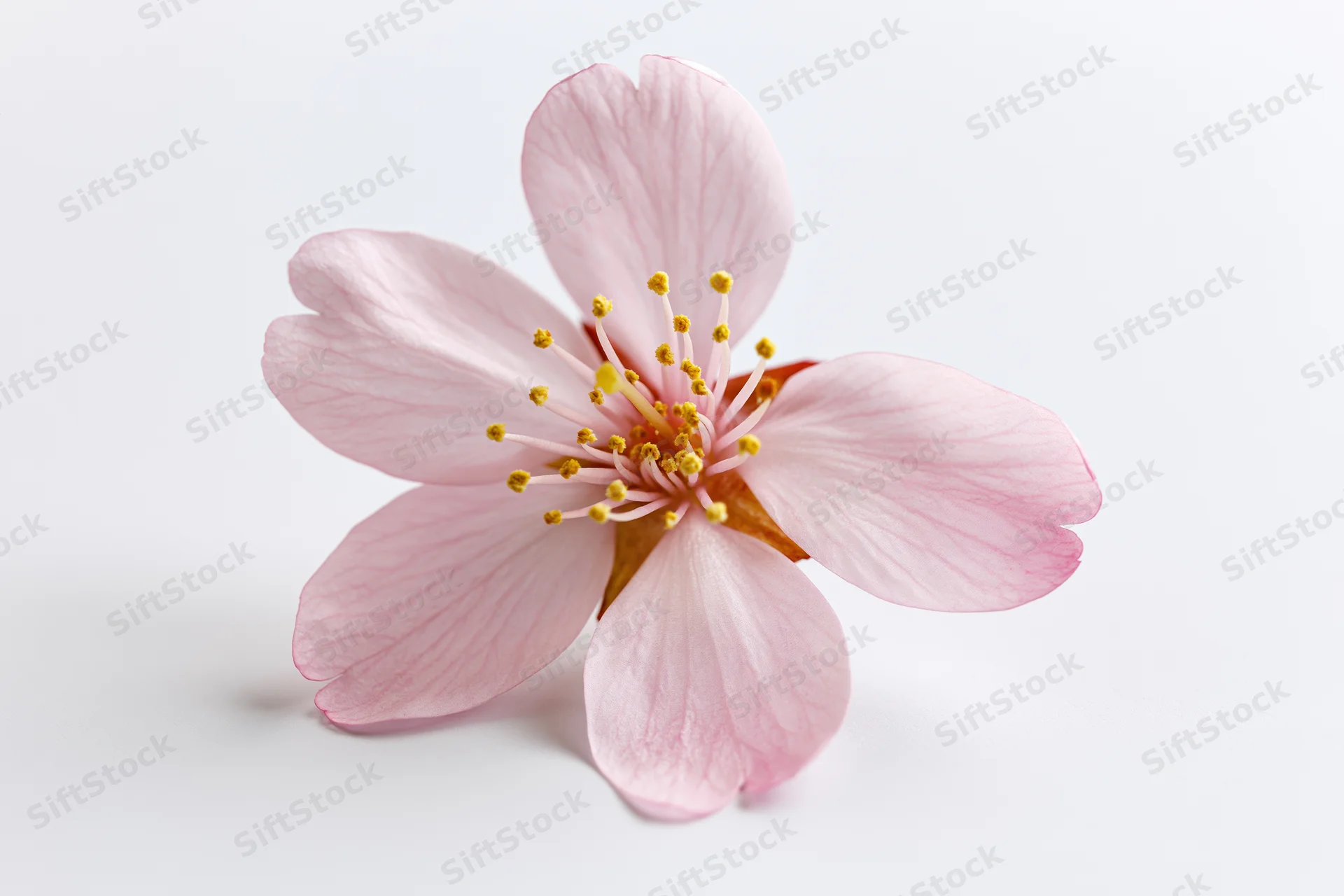 Single cherry blossom flower in closeup against a white background