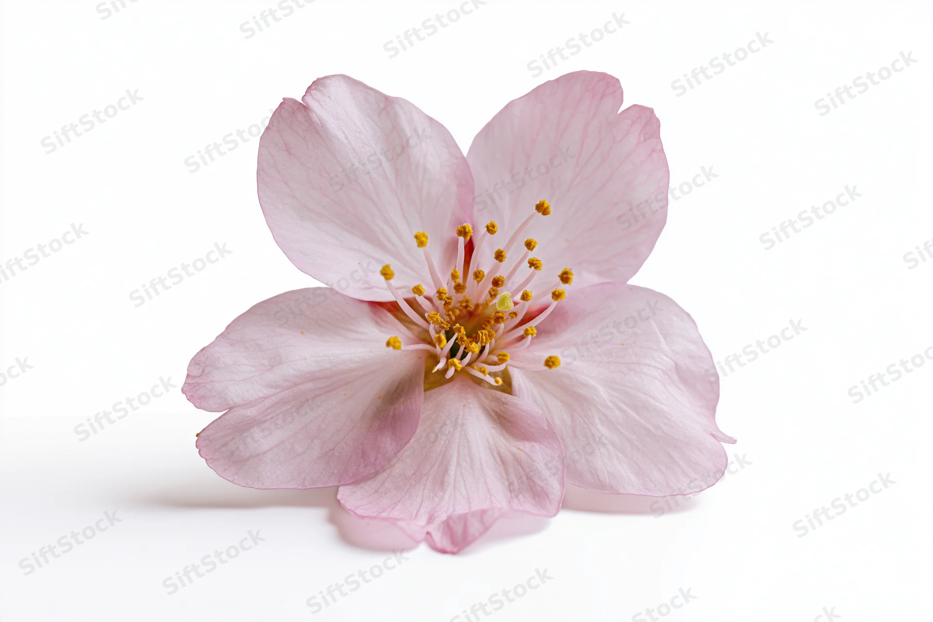 Single cherry blossom flower with visible stamens and petals isolated on white background