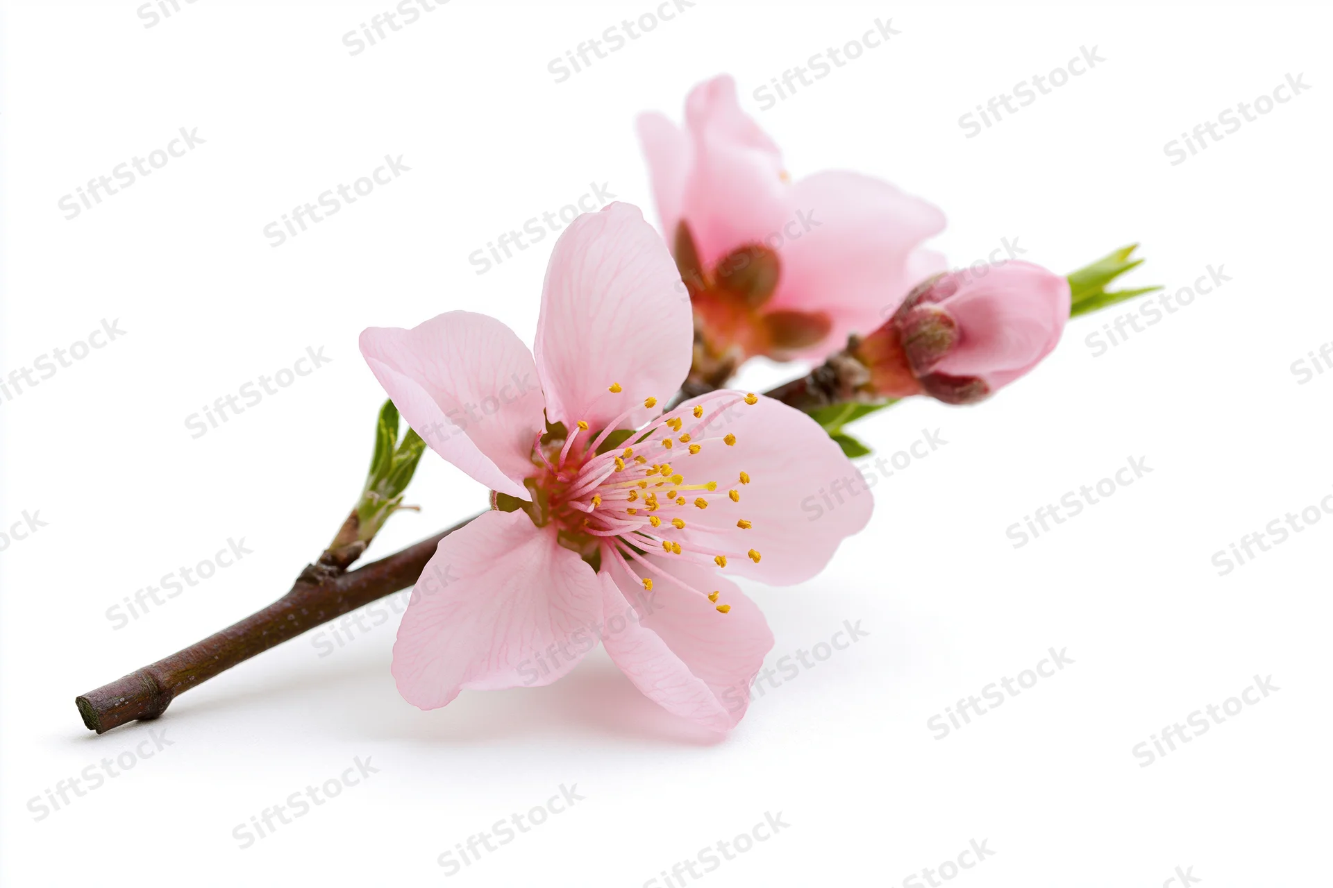 Peach blossom branch with two open pink flowers and buds on white background