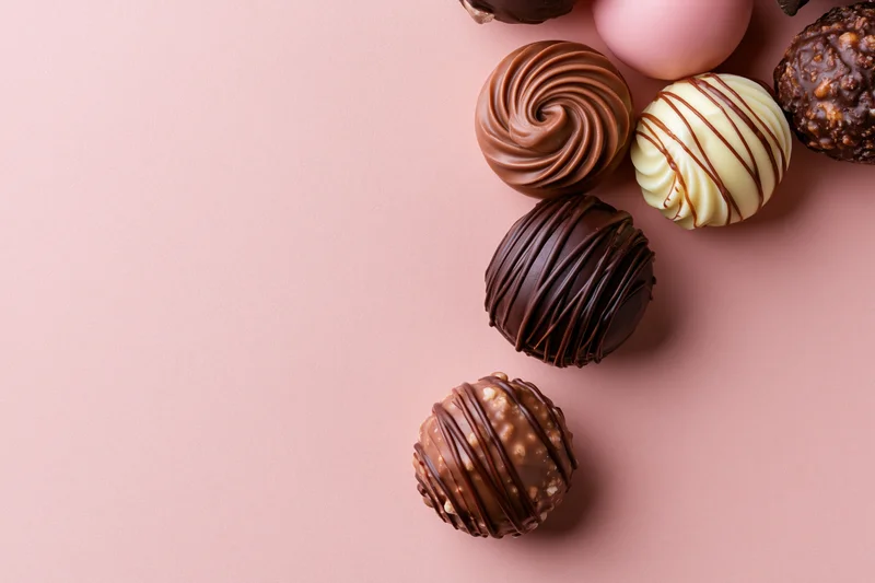 Assorted chocolate pralines and truffles scattered on a pink surface in a flat lay arrangement