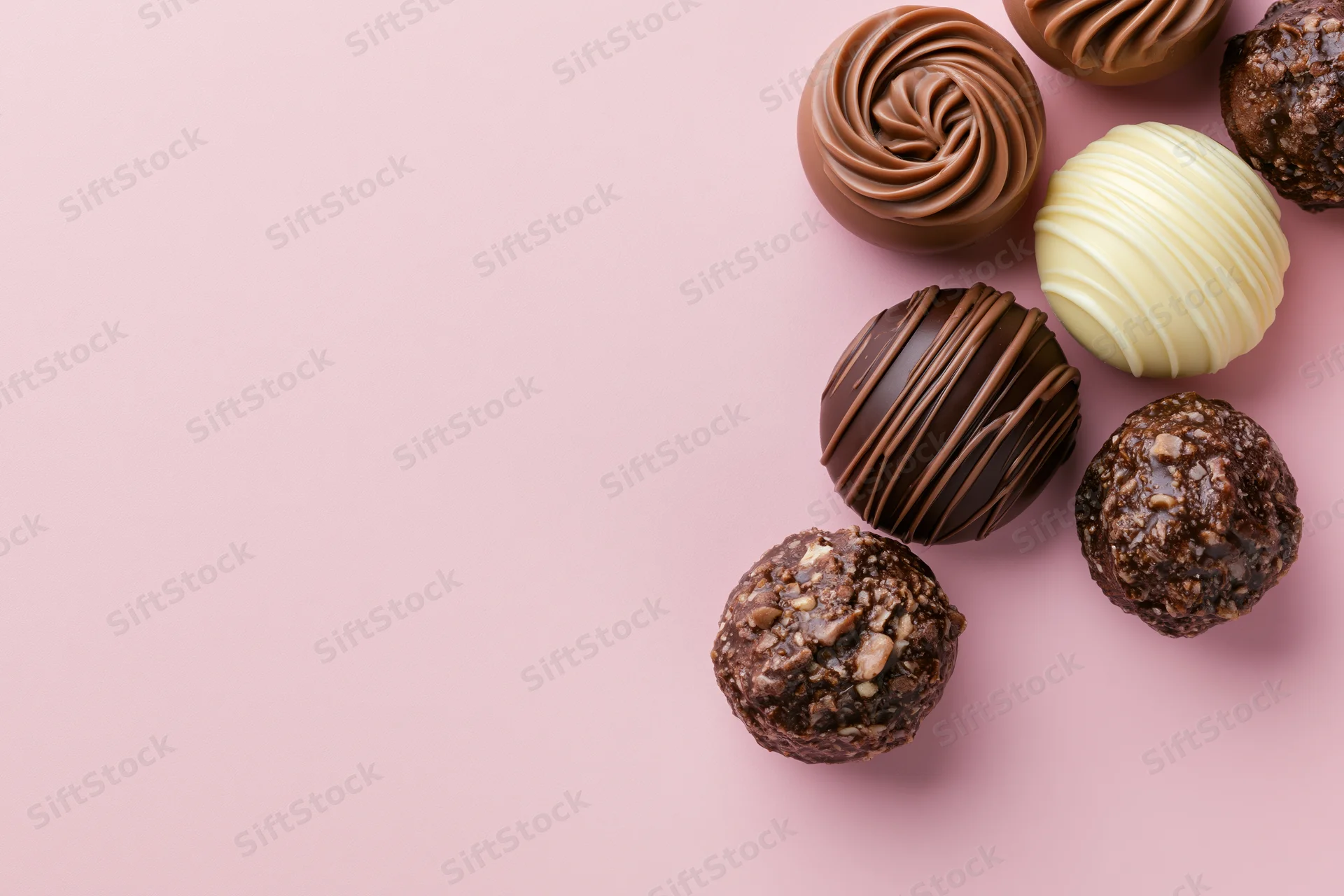 Assorted chocolate pralines and truffles arranged loosely on pink background with copyspace