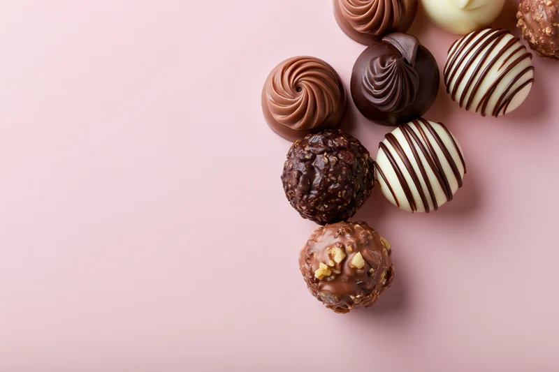 Assorted chocolate pralines and truffles loosely arranged on a pink surface with copyspace